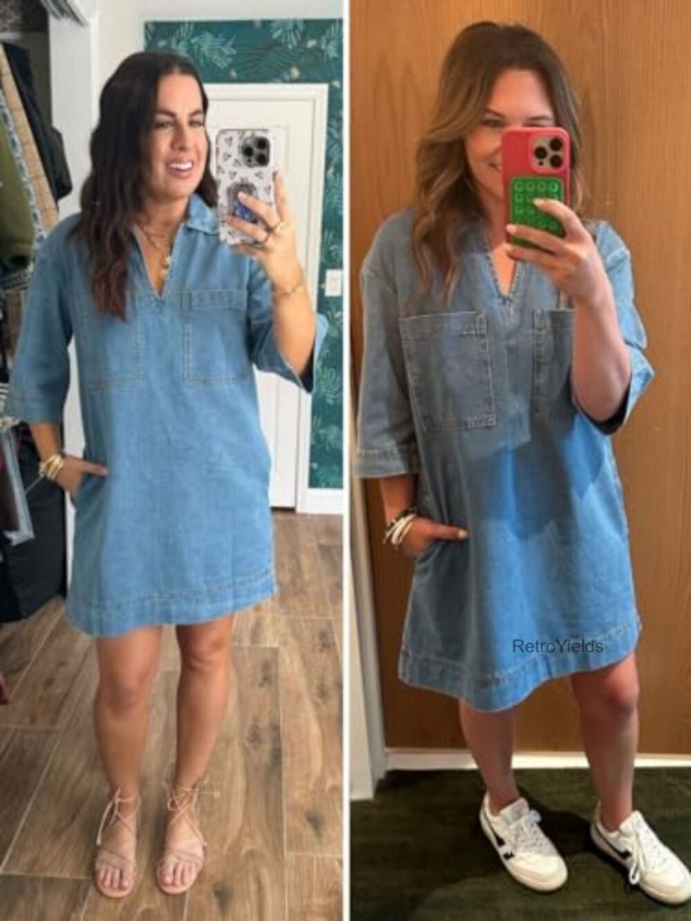 Denim Mini Dress Shift Silhouette Deep V Neck Short Sleeve Casual Staple - Picture 4 of 7